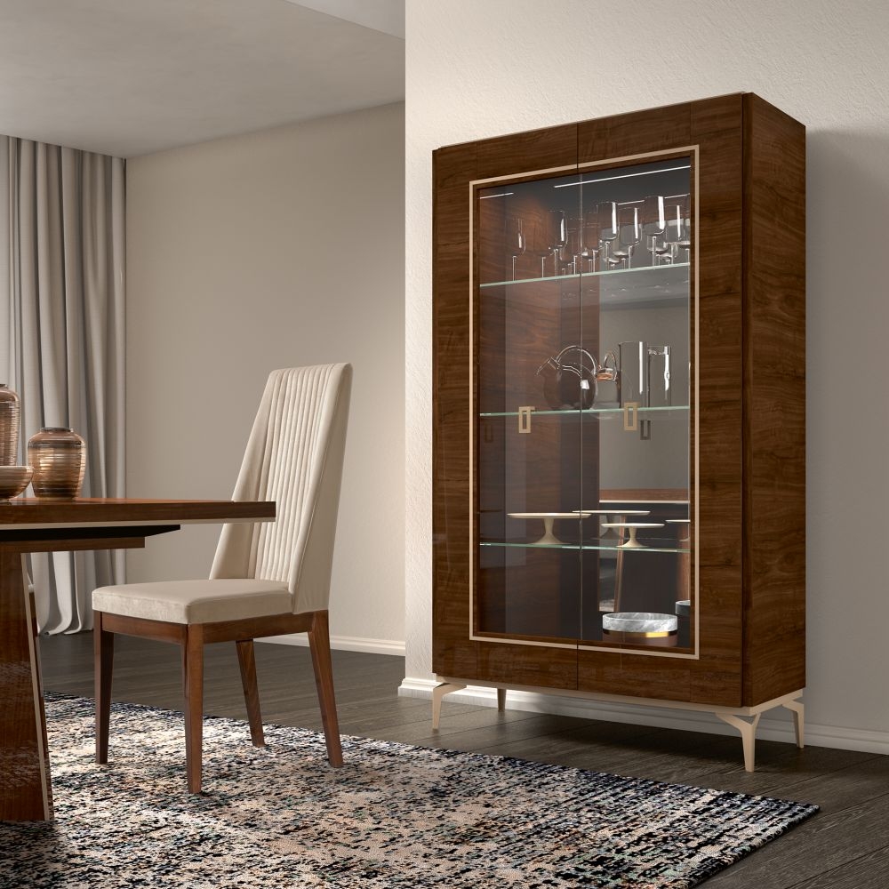 Product photograph of Modern Eva Walnut Italian 2 Glass Door Vitrine With Gold Trim from Choice Furniture Superstore.